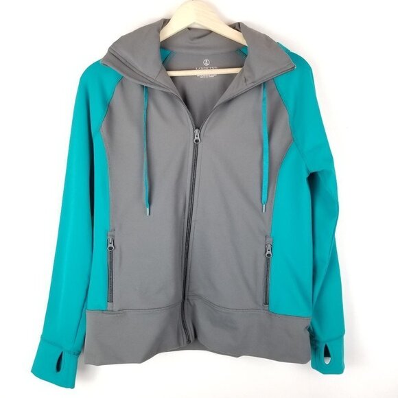 Lands' End Small 6-8 Full-zip Hooded Jacket Gray‎ Turquoise Color Block Zippered - Picture 1 of 9